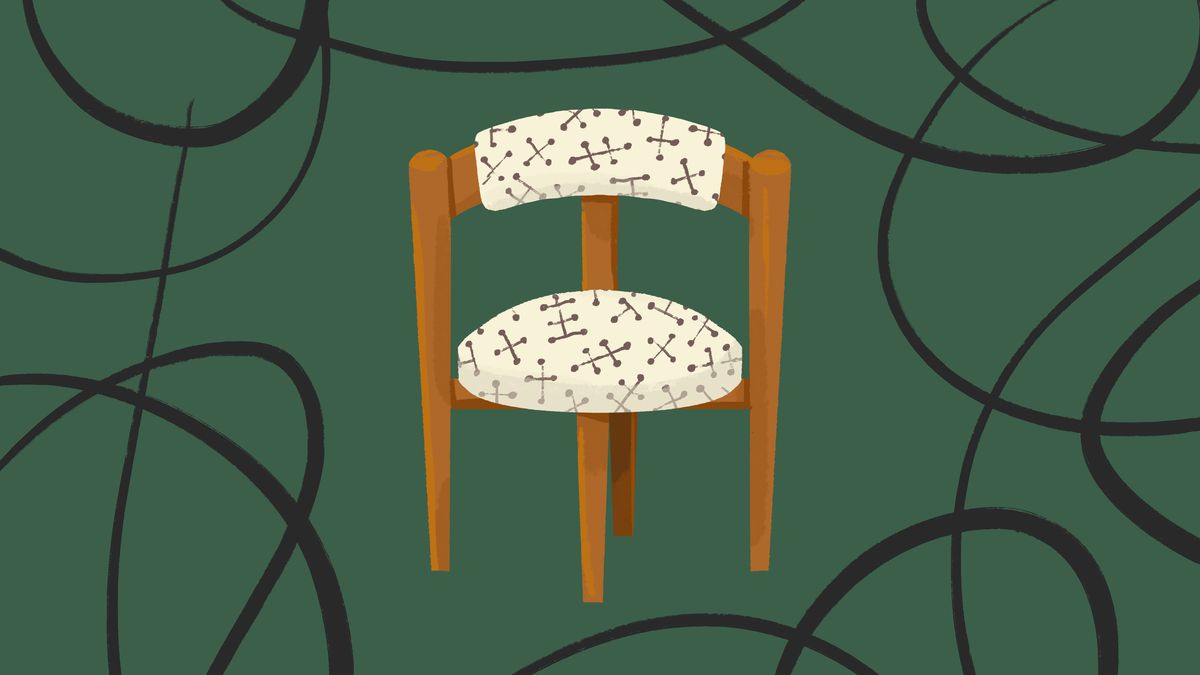 Illustration of a curved wooden chair with cream and black patterned upholstery, against a dark green background with black swirls. 