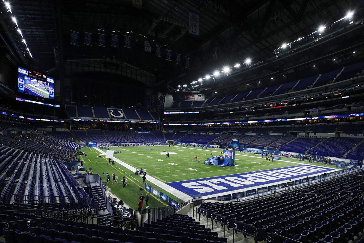 General view of action on the field as seen from the lower level concourse during the NFL Combine at Lucas Oil Stadium on February 29, 2020 in Indianapolis, Indiana.