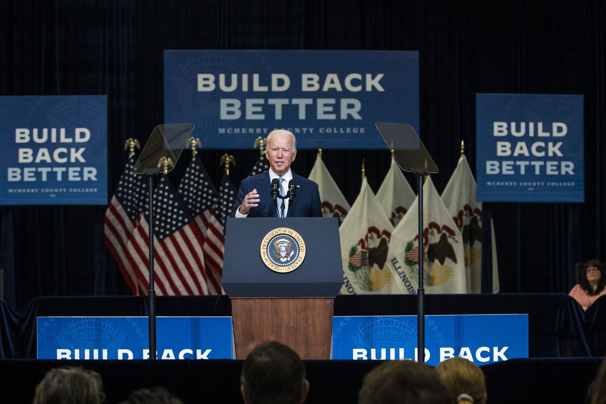 President Joe Biden speaks at McHenry County College in Crystal Lake in July.