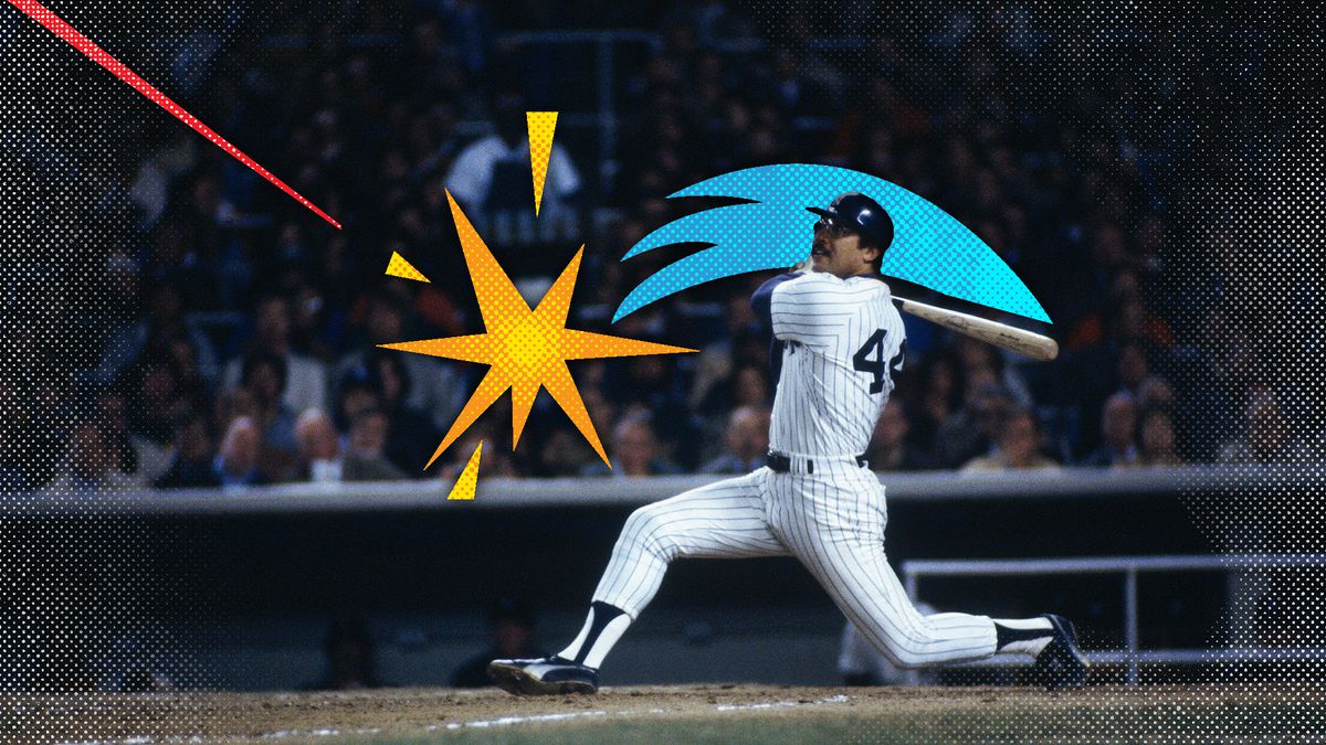 Photo of Reggie Jackson hitting a home run for the Yankees with pop art graphics showing the swing and crack of the bat, and the trajectory of the ball. 
