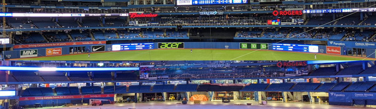 Wide shots of the Rogers Centre outfield shows the rows of seats removed between the end of the season and November 2019.