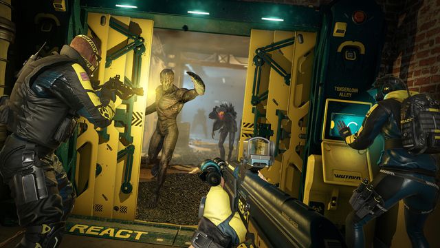 Operators battle aliens in a yellowish screenshot from Rainbow Six Extraction