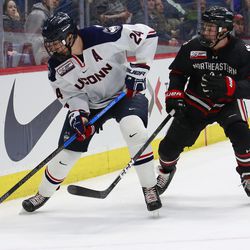 The Northeastern Huskies take on the UConn Huskies in a men’s college hockey game at the XL Center in Hartford, CT on February 7, 2019.