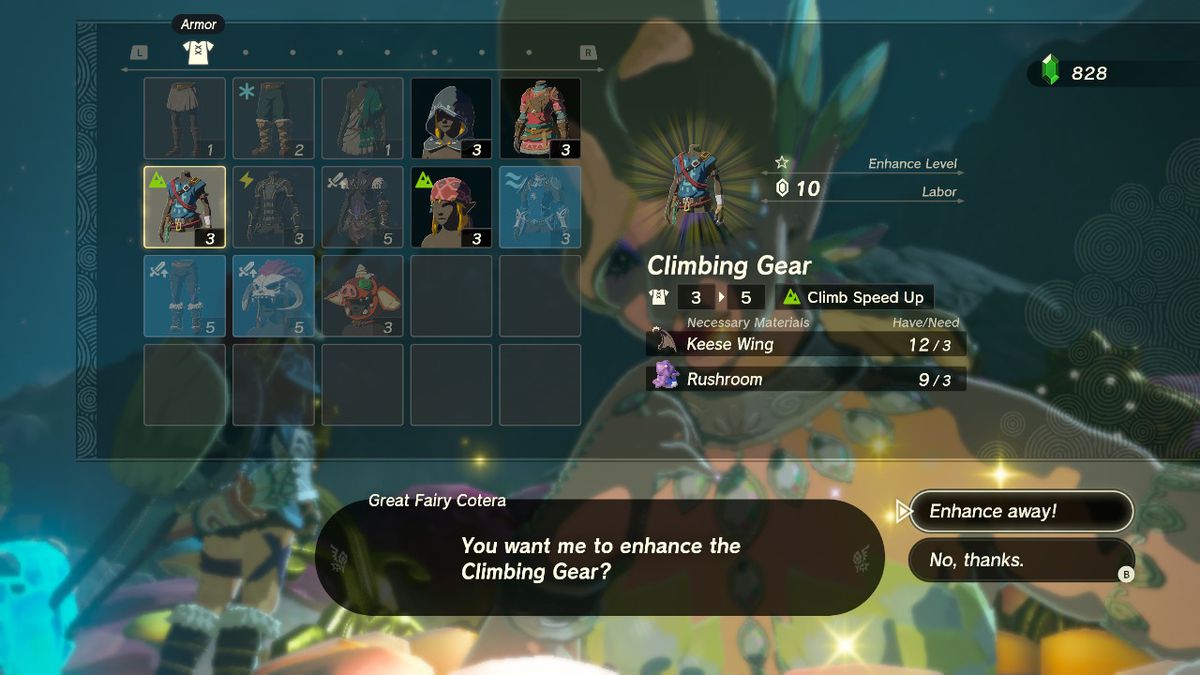 A screenshot of the Great Fairy Fountain armor upgrade menu showcasing the Climbing Gear set in Zelda: Tears of the Kingdom