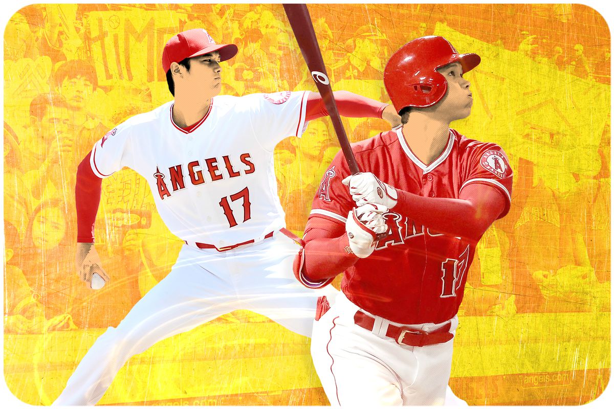 A collage of the Los Angeles Angels’ Shohei Ohtani pitching and hitting