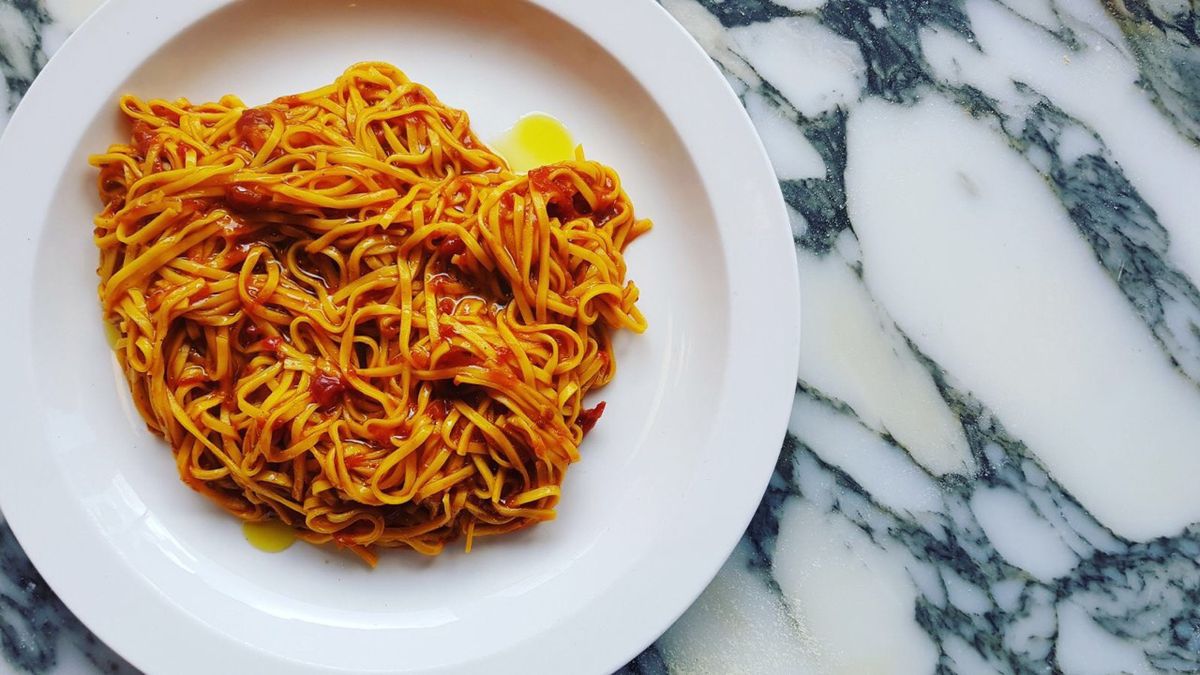 Tagliarini with tomato by Padella, one of the city’s most popular pasta restaurants, and now open again for ‘at home’ meal kits during the coronavirus pandemic 
