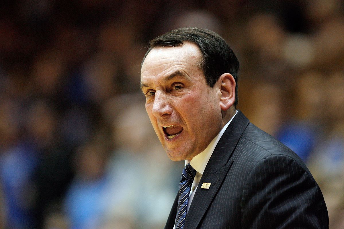 Feb 18, 2015; Durham, NC, USA; Duke Blue Devils head coach Mike Krzyzewski argues with an official in their game against the North Carolina Tar Heels at Cameron Indoor Stadium.