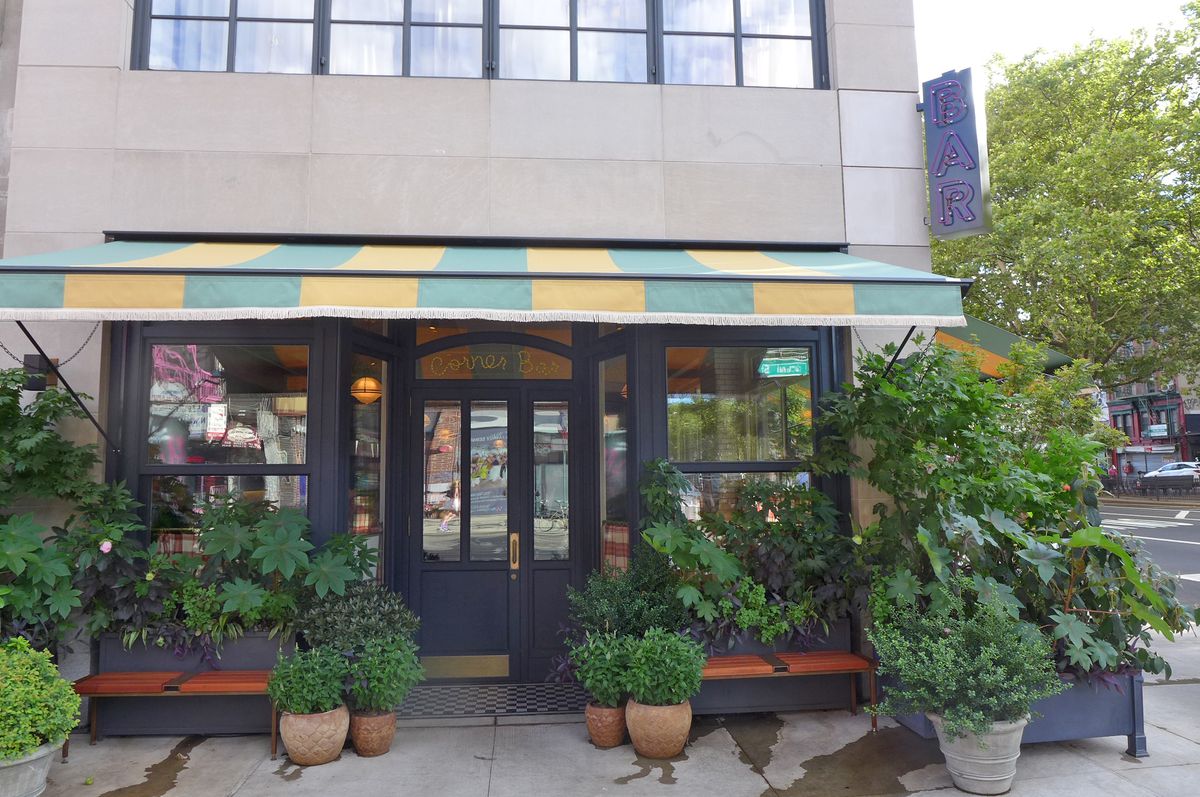 A plain facade with a striped awning and potted plants in front.