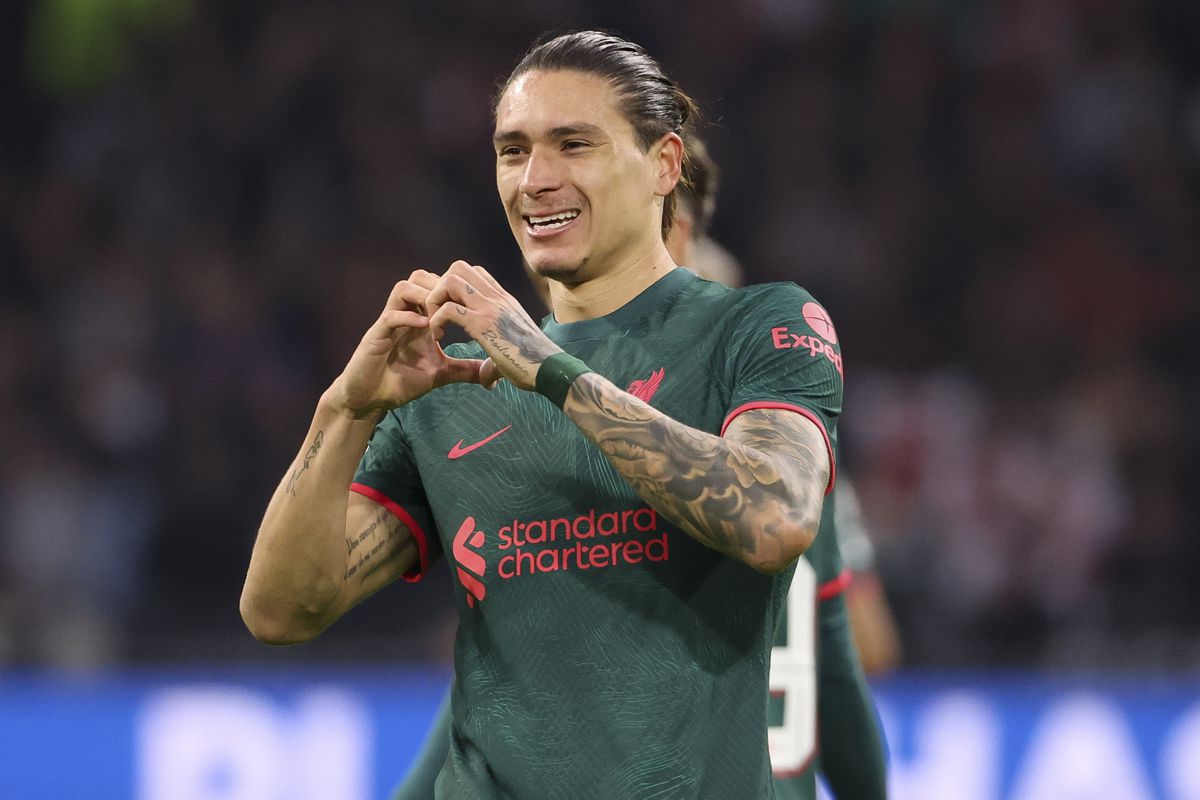 Darwin Nunez of Liverpool celebrates his goal with a heart hand gesture during the UEFA Champions League group A match between AFC Ajax Amsterdam and Liverpool FC at Johan Cruyff Arena (Johan Cruijff ArenA) on October 26, 2022 in Amsterdam, Netherlands.