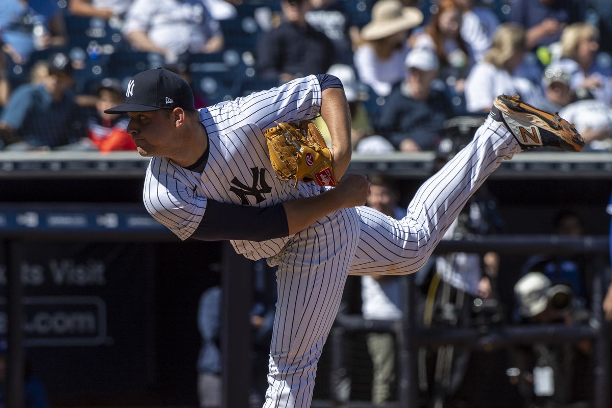 New York Yankees Mike King pitches during preseason game against Toronto Blue Jays