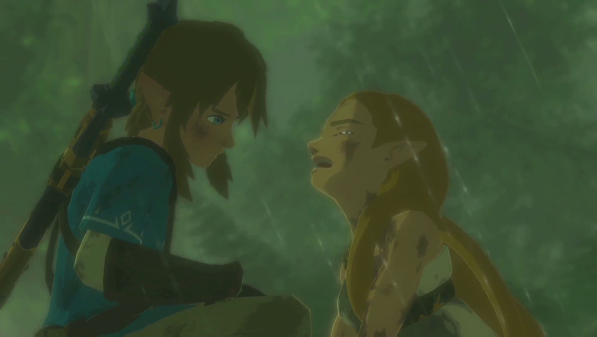 Zelda cries in the rain as Link looks on in The Legend of Zelda: Breath of the Wild.