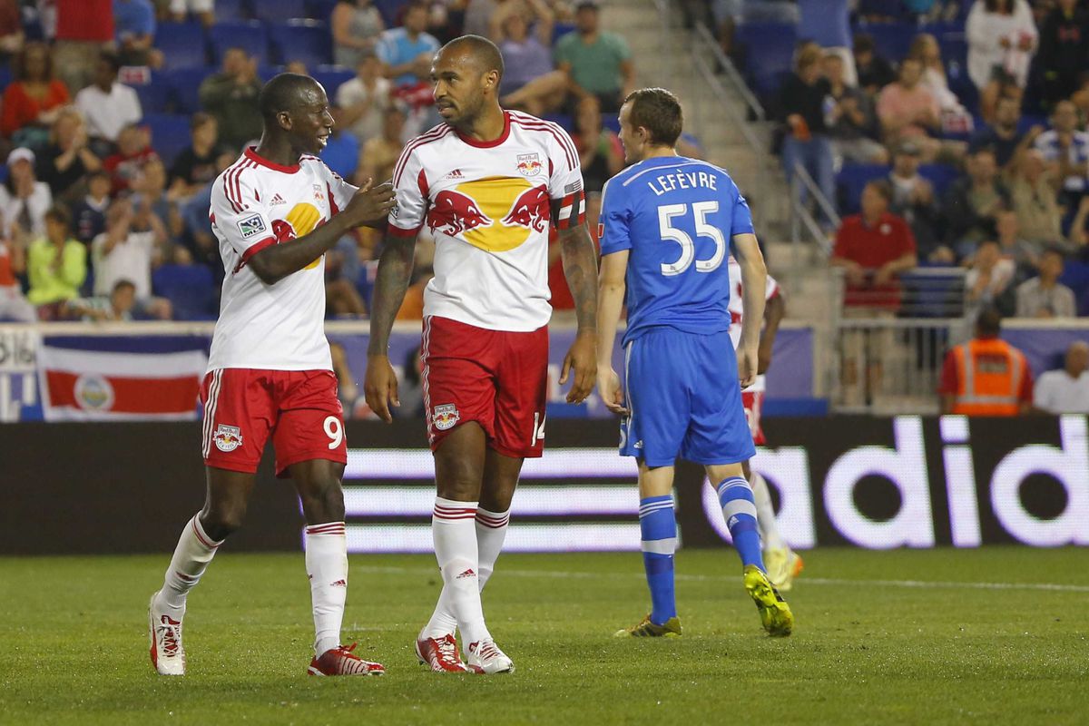 This one will be tough - Thierry Henry and Bradley Wright-Phillips celebrate a goal against Montreal