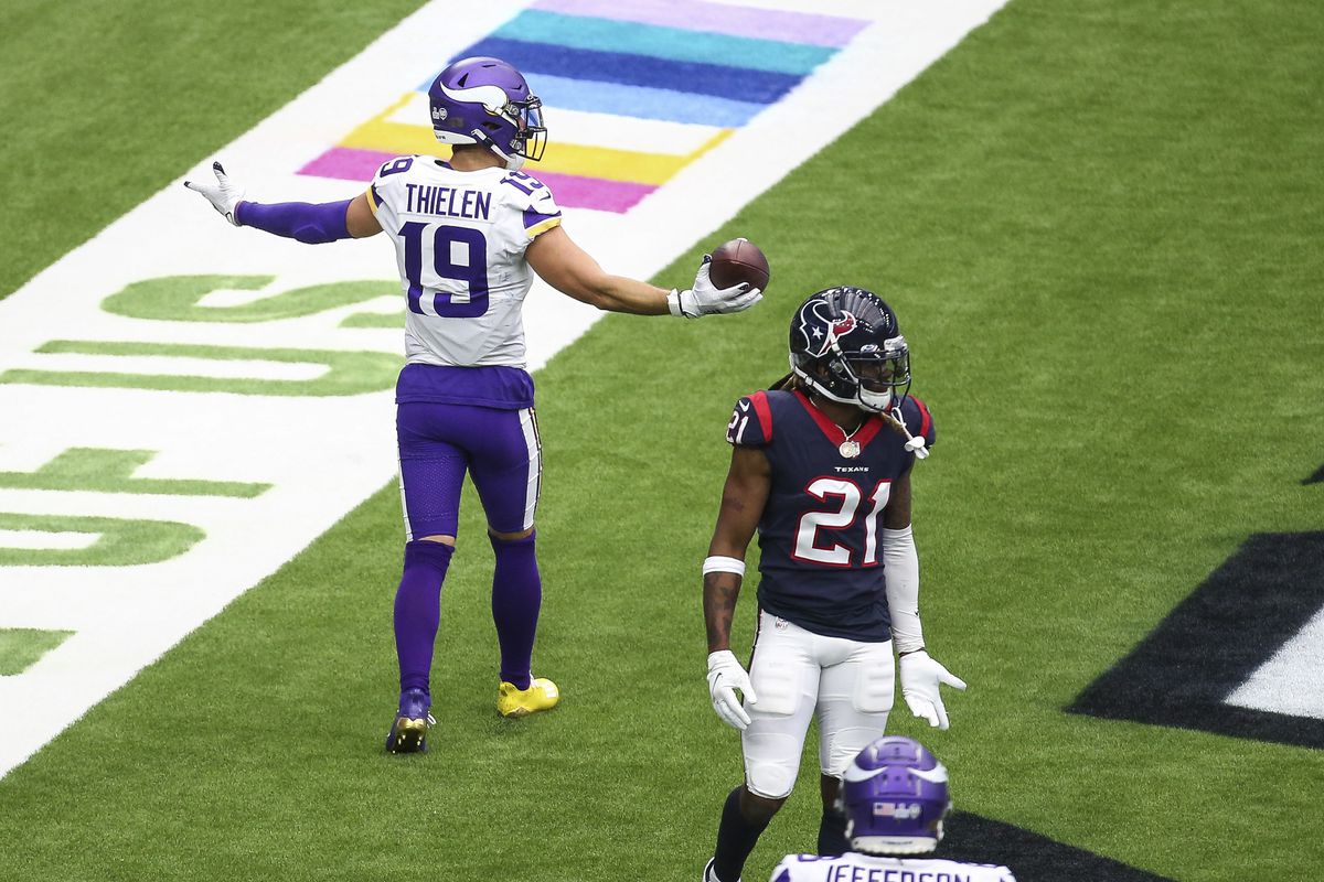 Minnesota Vikings wide receiver Adam Thielen (19) reacts after scoring a touchdown against the Houston Texans during the third quarter at NRG Stadium.