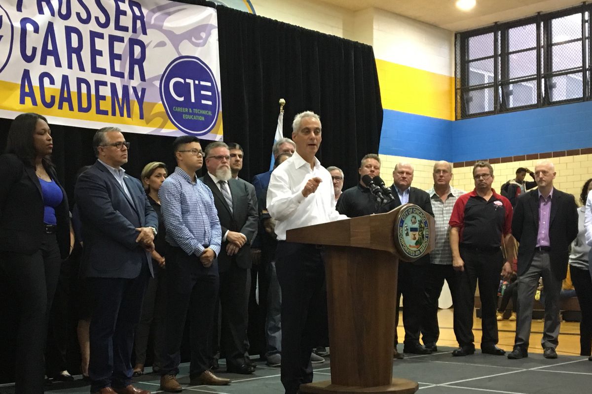 Chicago Mayor Rahm Emanuel visits Prosser Career Academy Thursday, Sept. 6, 2018, to announce a $12 million investment in vocational education.