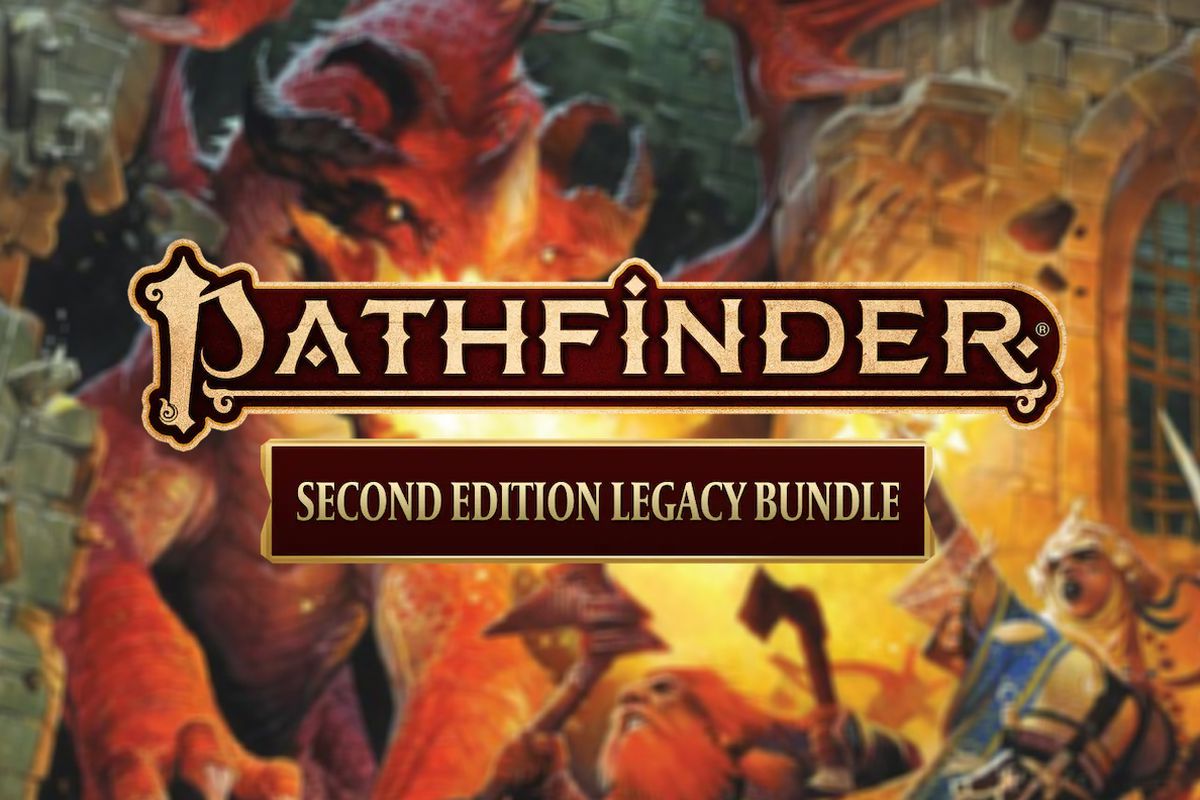 Logo for the Pathfinder Second Edition Legacy Bundle with Pathfinder key art in the background