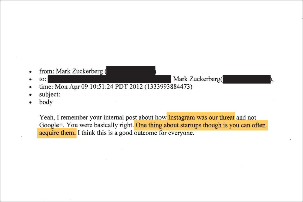From Mark Zuckerberg, to redacted, Monday April 9, 10:51am, 2012. “Instagram was our threat...” “One thing about startups though is you can often acquire them.”