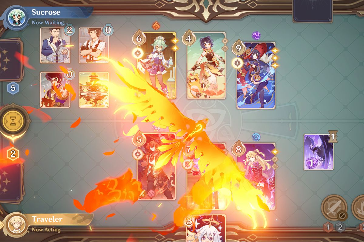 A screenshot of Genshin Impact’s new trading card game, Genius Invokation. Two opposing rows  of cards with character art are on a board as a flaming bird flies over them.