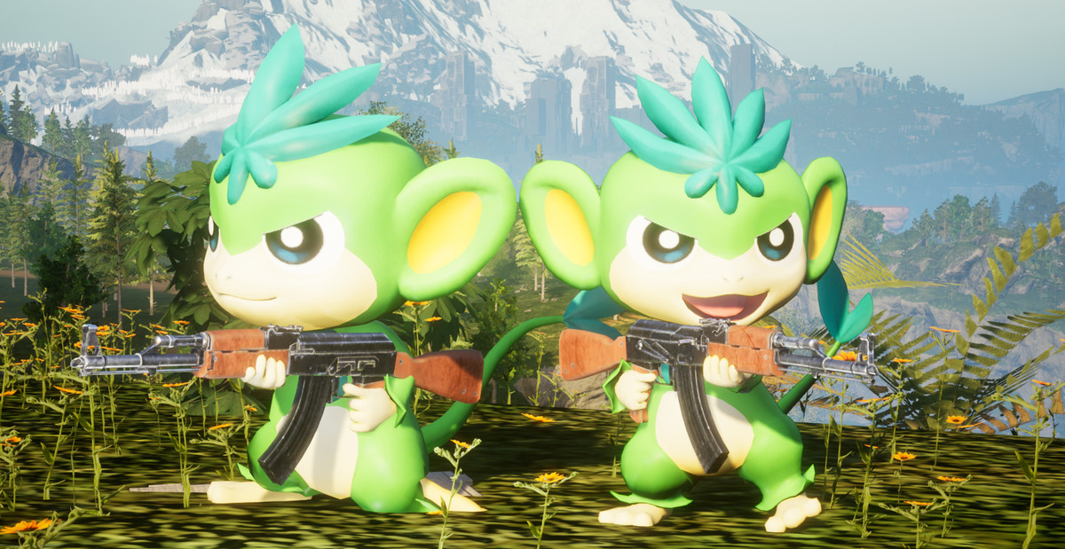 Two grass monkeys named Tanzee in Palworld holding machine guns.