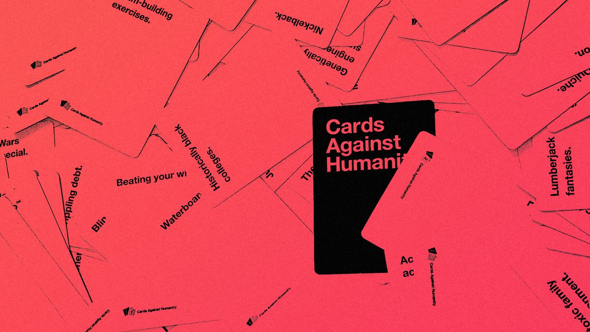 Graphic image of a pile of the game Cards Against Humanity with a red treatment on it