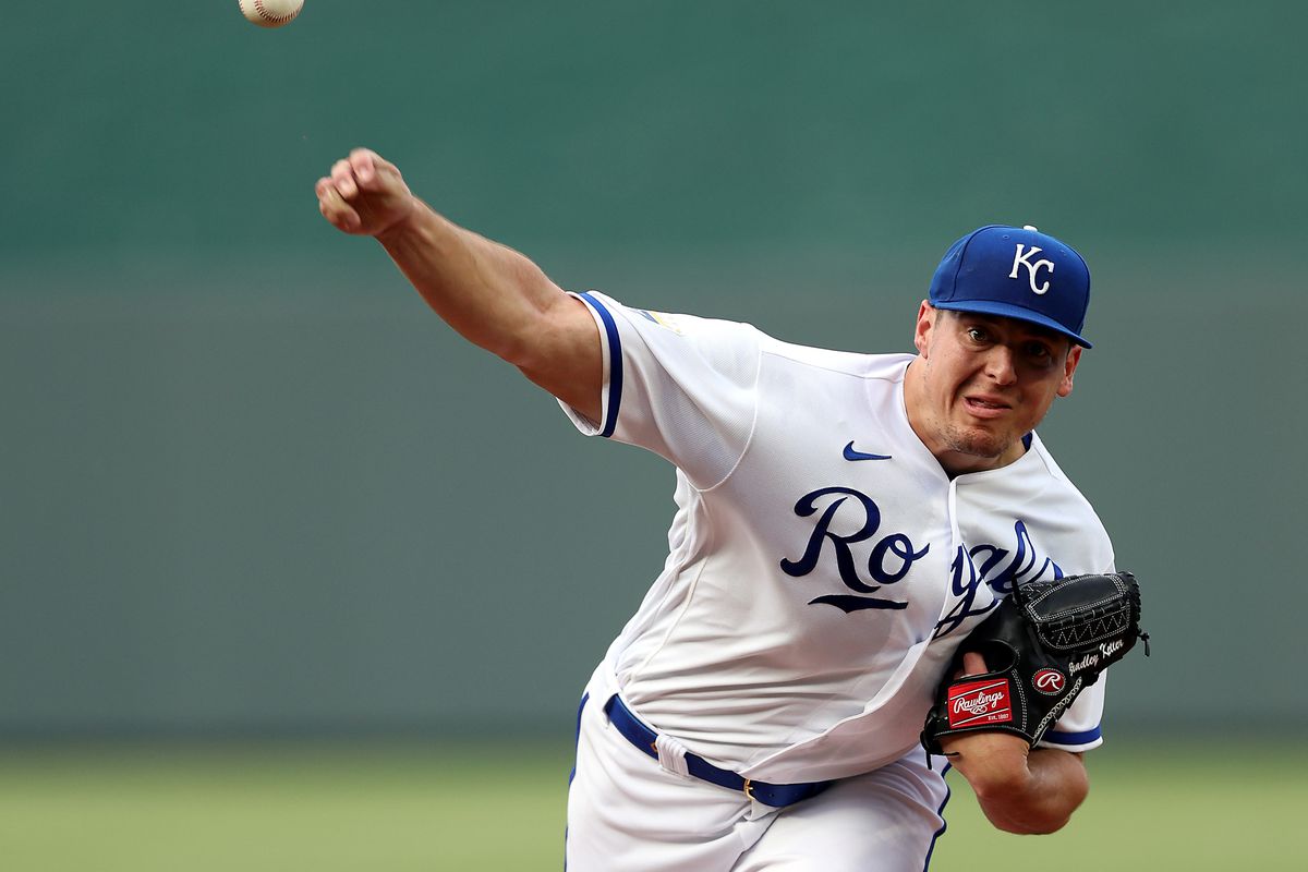 Starting pitcher Brad Keller #56 of the Kansas City Royals warms up prior to the 1st inning of the game against the Chicago White Sox at Kauffman Stadium on May 10, 2023 in Kansas City, Missouri.
