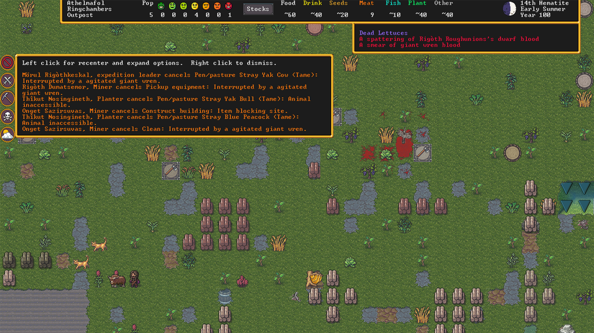Dwarf Fortress screenshot showing an alert displaying a list of jobs that failed because they were interrupted by giant wrens. There are pools of blood from the wrens’ victims.