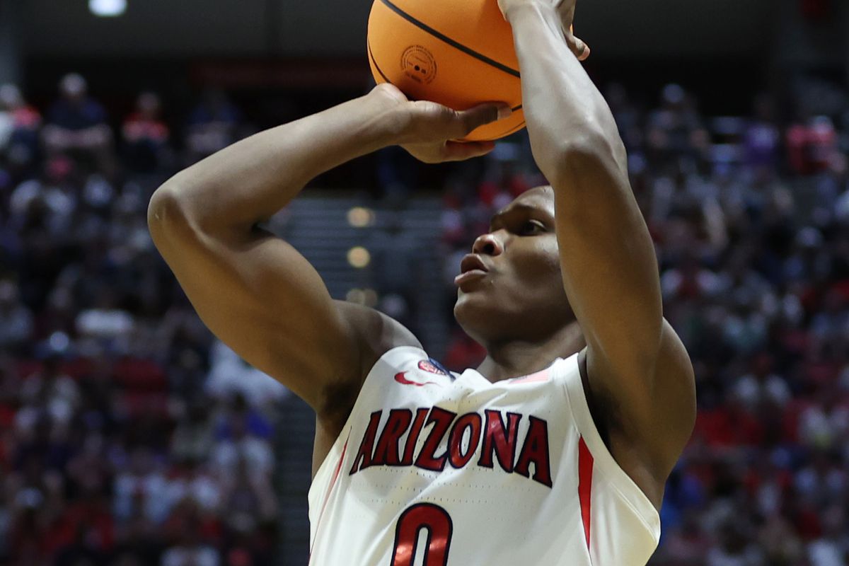 Bennedict Mathurin of the Arizona Wildcats shoots against the Wright State Raiders during the second half in the first round game of the 2022 NCAA Men’s Basketball Tournament at Viejas Arena at San Diego State University on March 18, 2022 in San Diego, California.