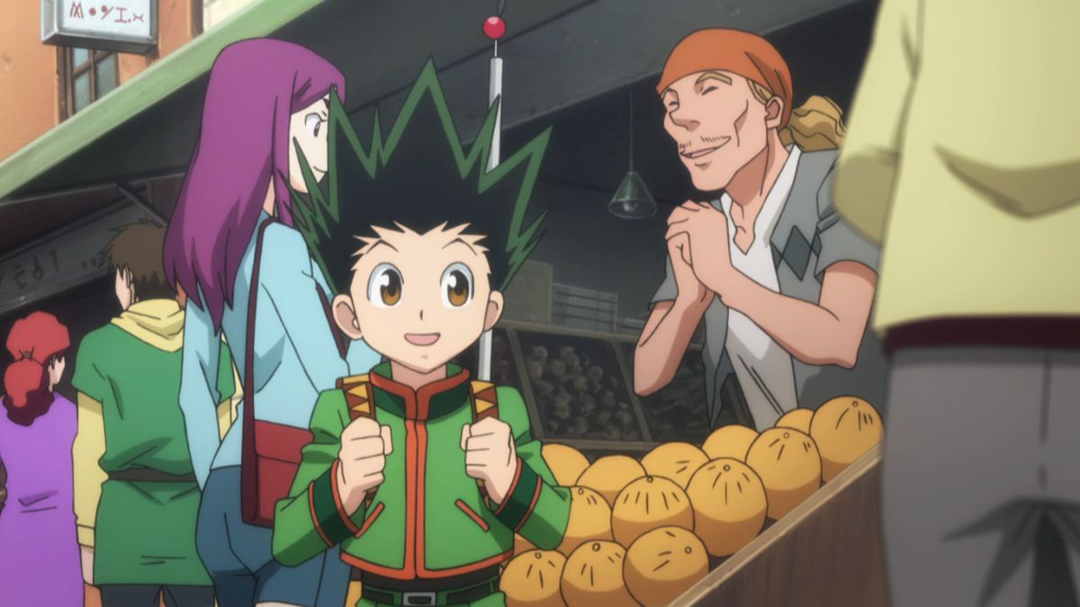 Gon from Hunter x Hunter excitedly runs around a market