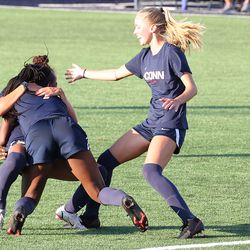 UConn’s Jada Konte #7 celebrates with Jaydah Bedoya #13 after scoring during the New Hampshire Wildcats vs the UConn Huskies exhibition women’s college soccer game at Morrone Stadium at Rizza Performance Center in Storrs, CT, on Saturday August 14, 2021.