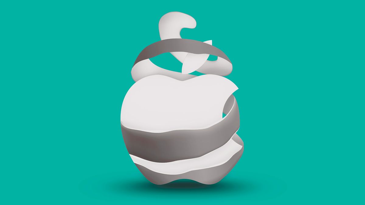 An illustration of the Apple logo in the middle of being unpeeled over a teal background.