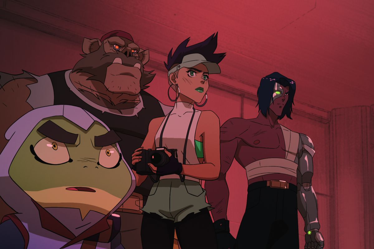 A still from Captain Laserhawk: A Blood Dragon featuring Bullfrog, Pey’j, Jade and as Captain Dolph Laserhawk standing side-by-side