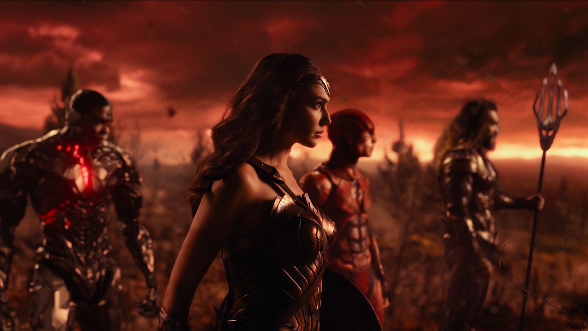 Ray Fisher as Cyborg, Gal Gadot as Wonder Woman, Ezra Miller as The Flash and Jason Momoa as Aquaman in Justice League.