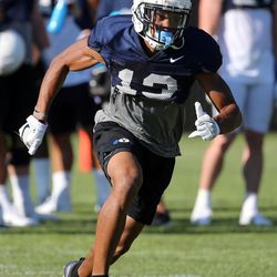 Micah Simon practices with the football team at BYU in Provo on Monday, July 31, 2017.