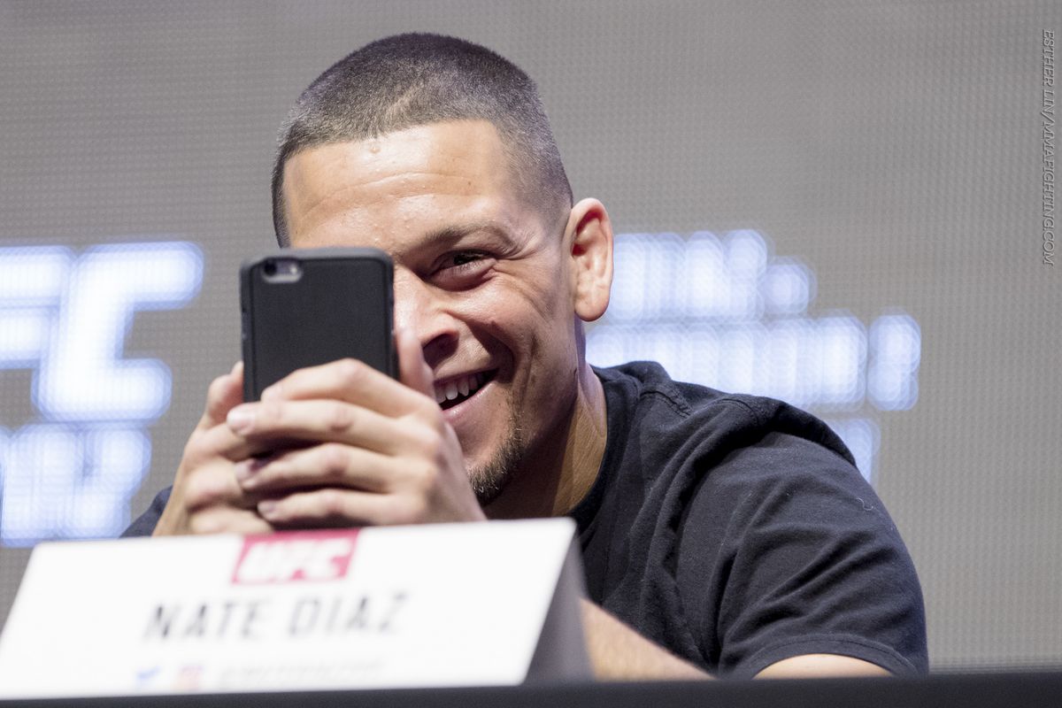 Nate Diaz clowns around at the UFC 202 press conference Thursday in Las Vegas.