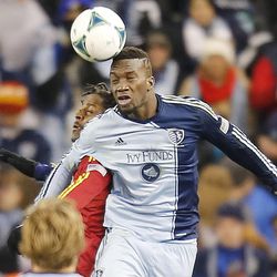 Kansas City's C.J. Sapong and Real's Lovel Palmer head the ball as Real Salt Lake and Sporting KC play Saturday, Dec. 7, 2013 in MLS Cup action. Sporting KC won in a shootout.