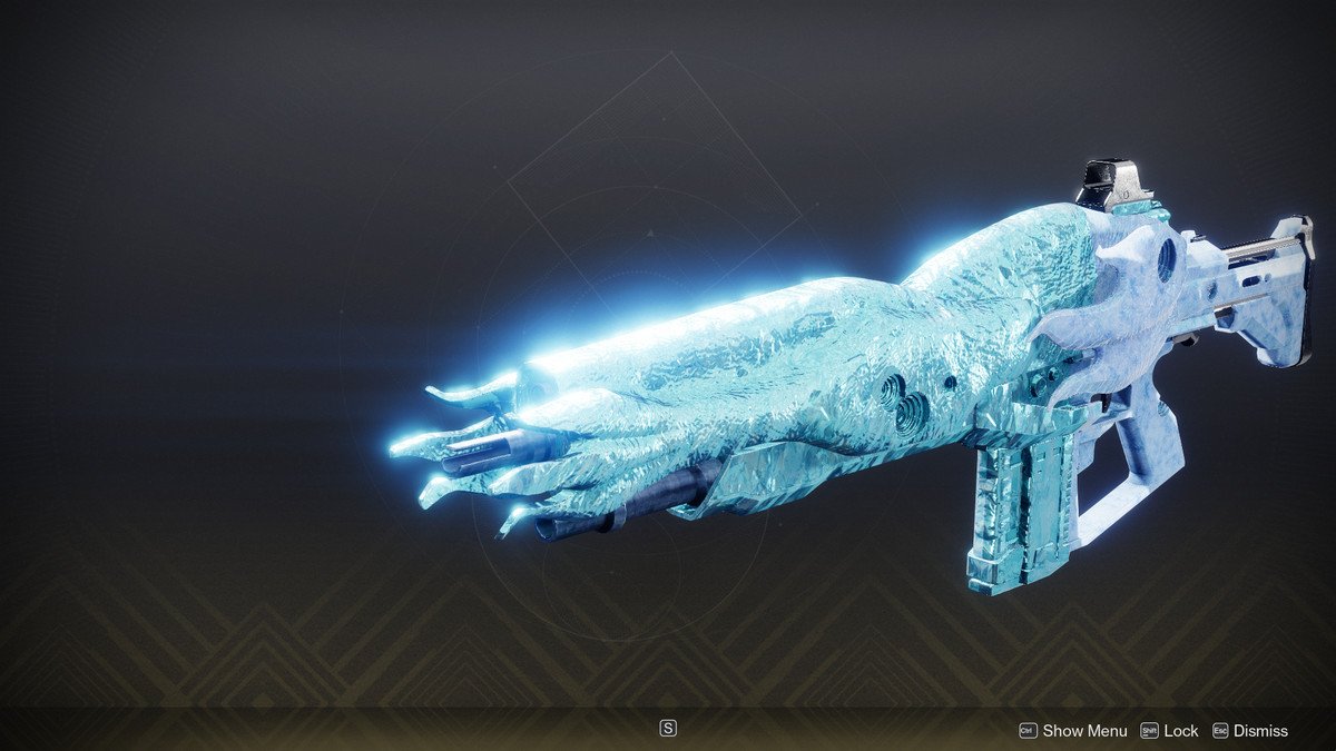 The Dawning Memento’s unique Rime Keepsake shader applied to the Rufus’s Fury (Adept) auto rifle in Destiny 2