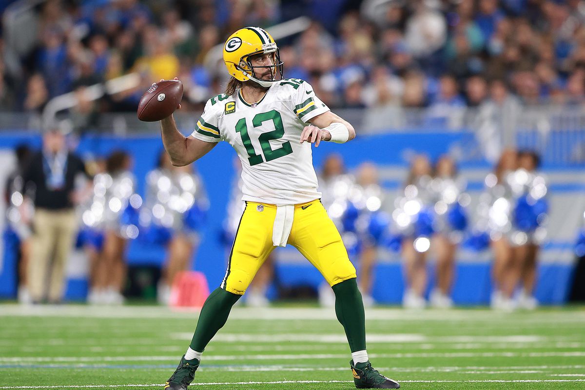 Aaron Rodgers #12 of the Green Bay Packers looks to pass against the Detroit Lions during the second quarter at Ford Field on January 09, 2022 in Detroit, Michigan.