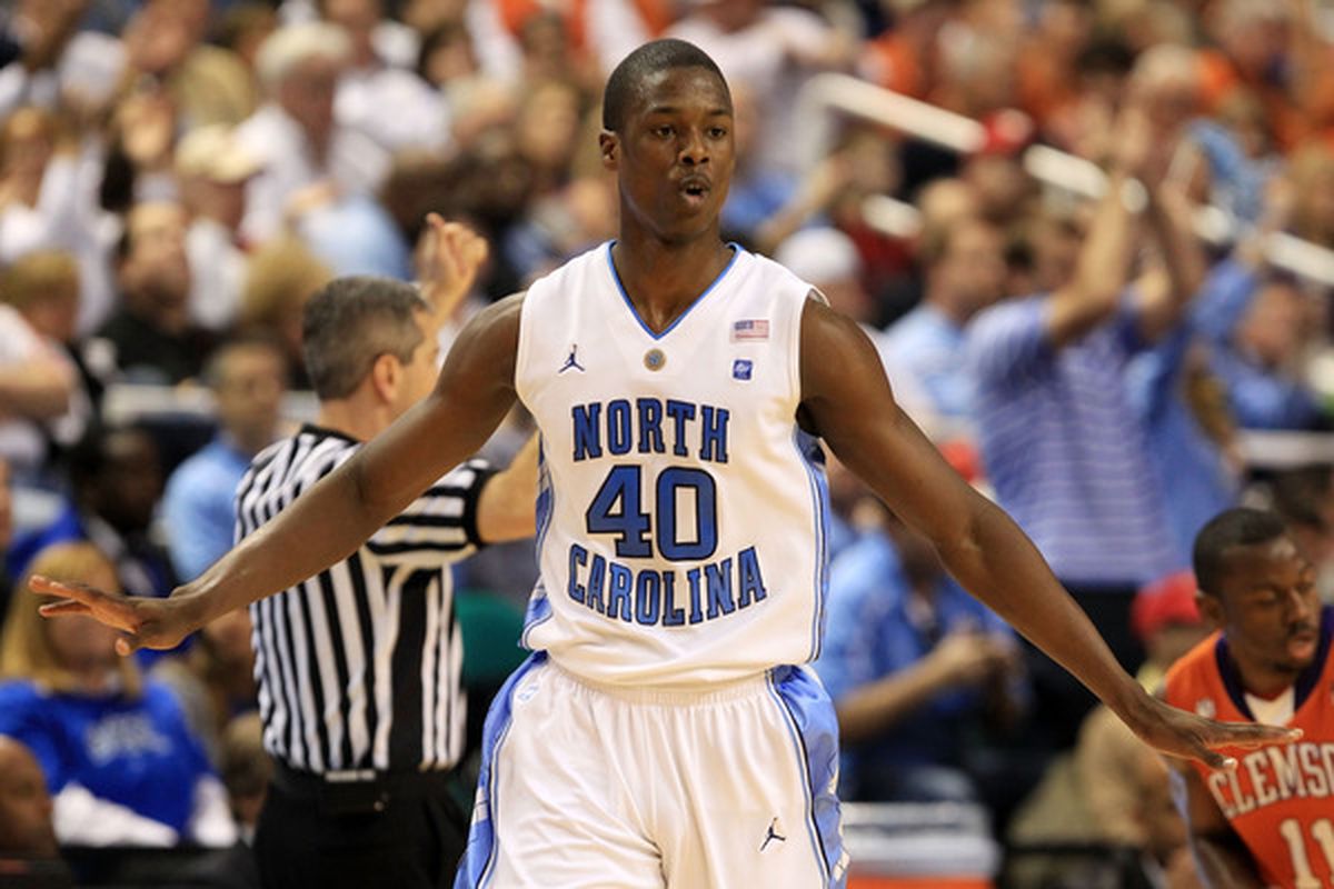 Harrison Barnes reacts while playing against the Clemson Tigers in the semifinals of the 2011 ACC men's basketball tournament 