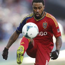 Real's Robbie Findley looks to control the ball as Real Salt Lake and Sporting KC play Saturday, Dec. 7, 2013 in MLS Cup action.