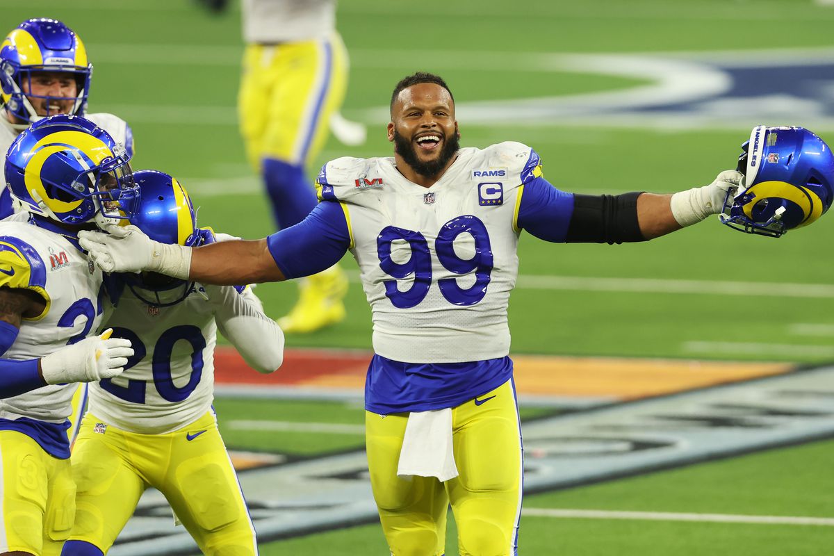 Aaron Donald of the Los Angeles Rams reacts following a fourth down stop during the fourth quarter of Super Bowl LVI against the Cincinnati Bengals at SoFi Stadium on February 13, 2022 in Inglewood, California.