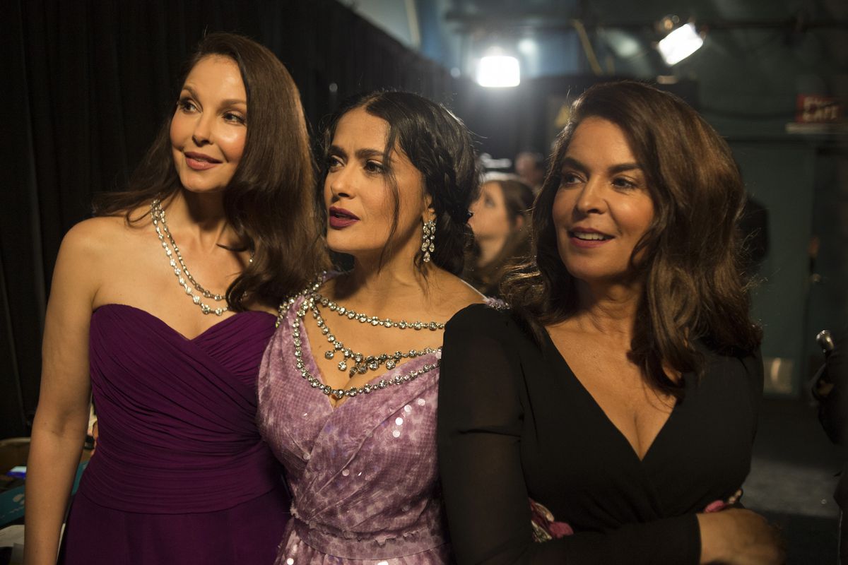Actors Ashley Judd,&nbsp;Salma Hayek&nbsp;and&nbsp;Annabella Sciorra onstage at the Oscars