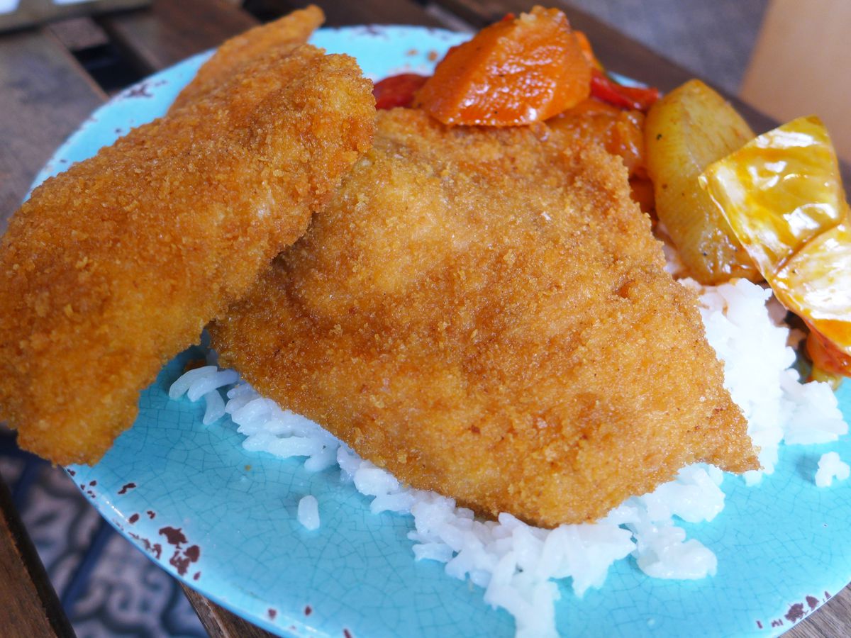 A browned irregular chicken cutlet on a mottled green plate sitting atop rice, with some reddish steamed veggies on the side.