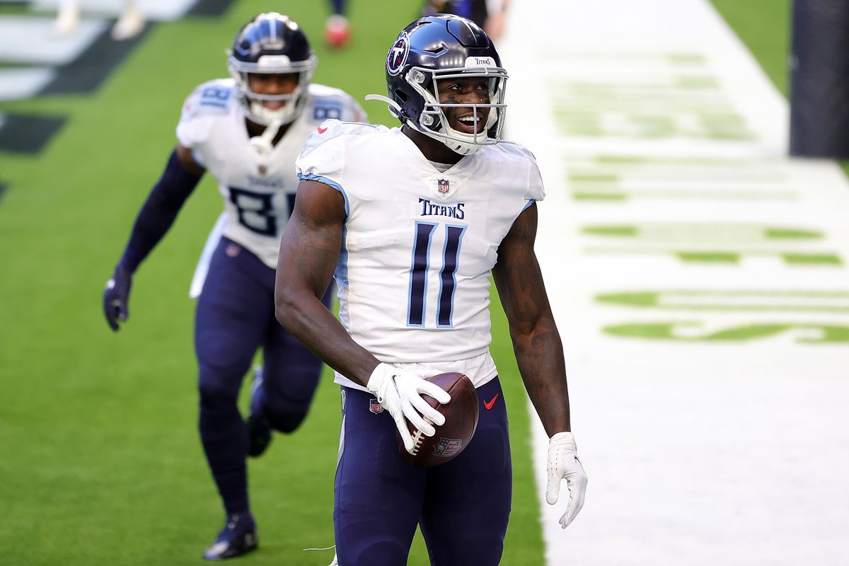 A.J. Brown #11 of the Tennessee Titans celebrates a touchdown during the first half against the Houston Texans at NRG Stadium on January 03, 2021 in Houston, Texas.