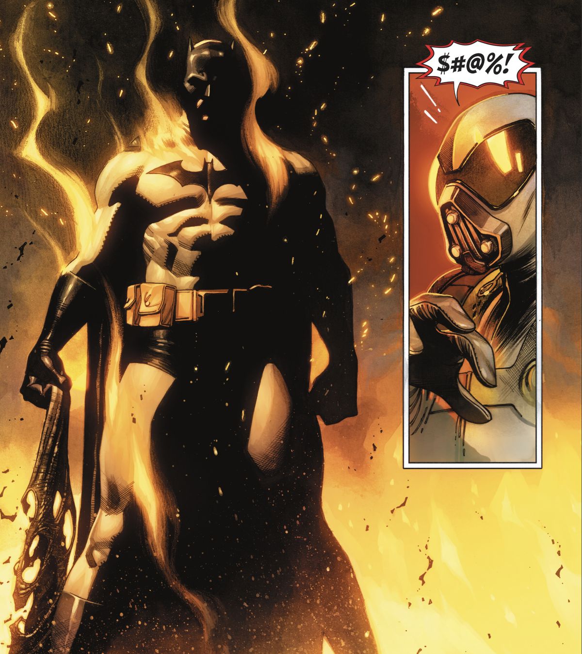 Batman stands menacingly and unharmed in the middle of a fire. “$#@%!” exclaims Firefly in Batman #118 (2021).