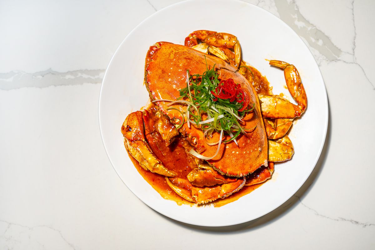 A bright orange Singaporean chile crab