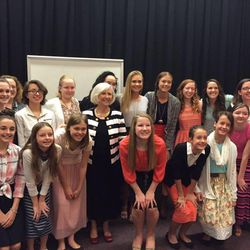 In her role in the LDS Church's Young Women general presidency, Sister Neill F. Marriott frequently travels to visit with, minister to and assess the needs of teenage girls around the world. Sister Marriott, center, visited with LDS women and Young Women from 30 congregations in the Charlotte, North Carolina, area on March 6, 2016.