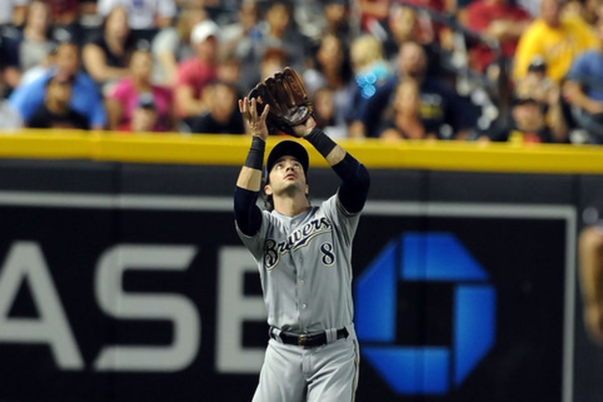 PHOENIX, AZ - JULY 21:  Ryan Braun #8 of the Milwaukee Brewers gets ready to catch a fly ball against the Arizona Diamondbacks at Chase Field on July 21, 2011 in Phoenix, Arizona.  (Photo by Norm Hall/Getty Images)