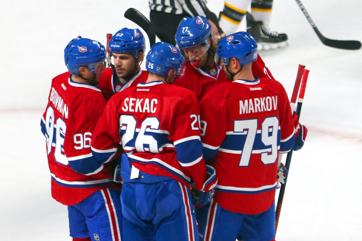 Sep 23, 2014; Montreal, Quebec, CAN; Montreal Canadiens left wing Jiri Sekac (26) celebrates his goal 