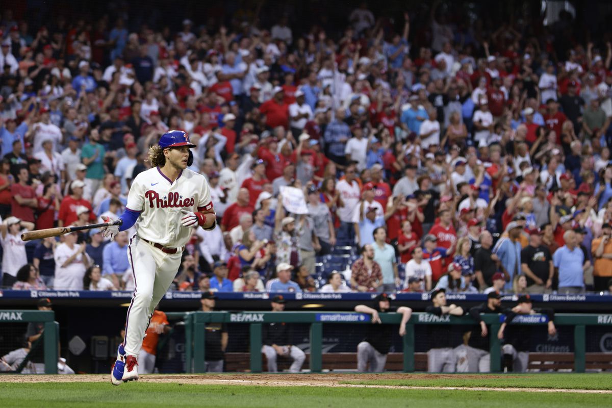 Alec Bohm of the Philadelphia Phillies in action against the San Francisco Giants during a game at Citizens Bank Park on August 23, 2023 in Philadelphia, Pennsylvania.