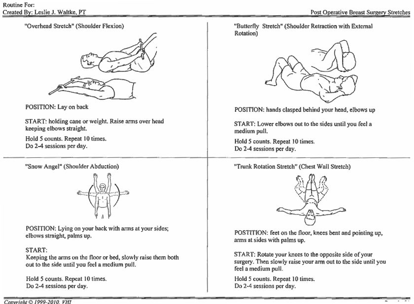These four stretching exercises were designed by physical therapist Leslie J. Waltke for breast cancer patients. Check with your health care provided before attempting any exercises.