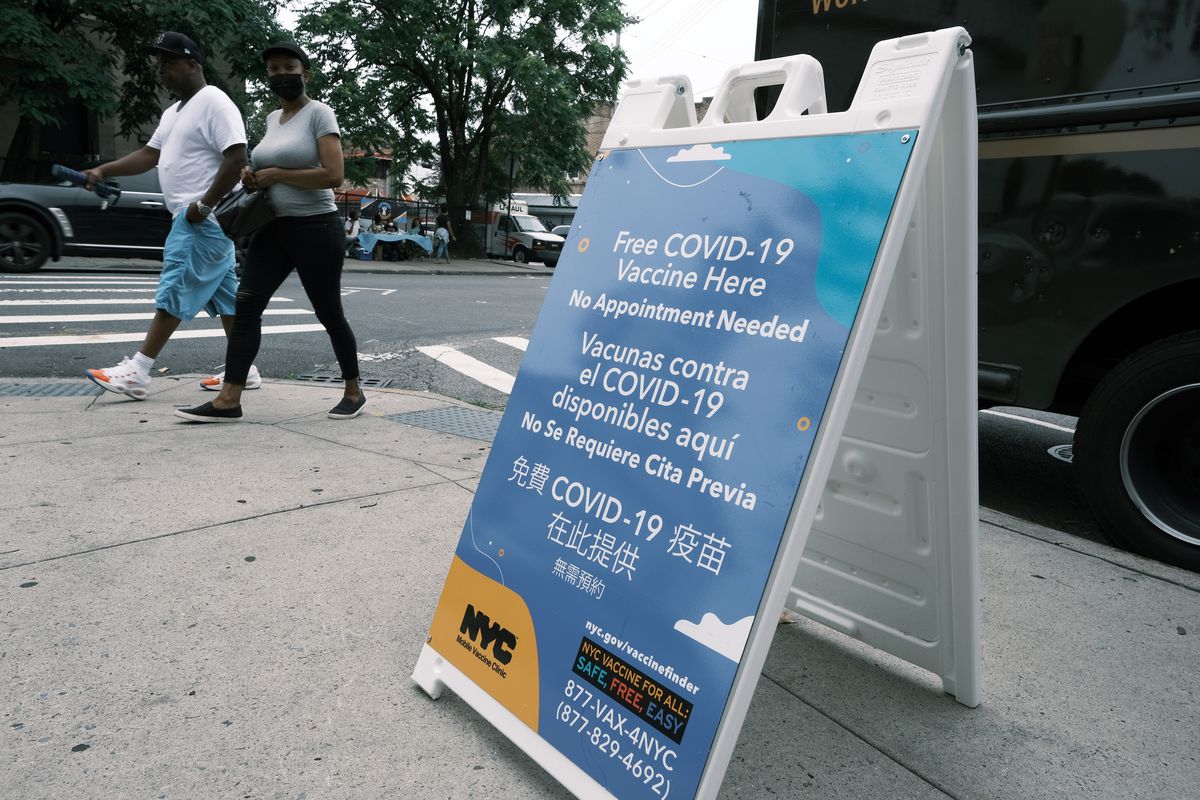 A city run vaccination site stands in a Brooklyn neighborhood which is witnessing a rise in COVID-19 cases on July 13, 2021 in New York City.
